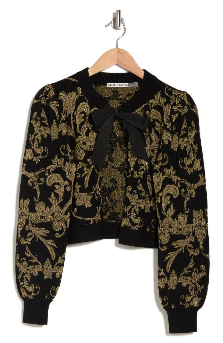 Alice + Olivia Kitty Bow Neck Puff Sleeve Cardigan, Alternate, color, 