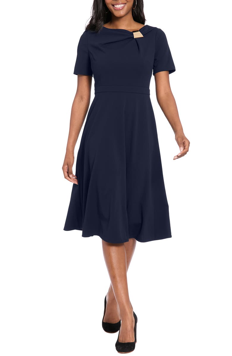 London Times Hardware Neck Fit & Flare Midi Dress, Main, color, Navy Blazer