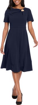 London Times Hardware Neck Fit & Flare Midi Dress