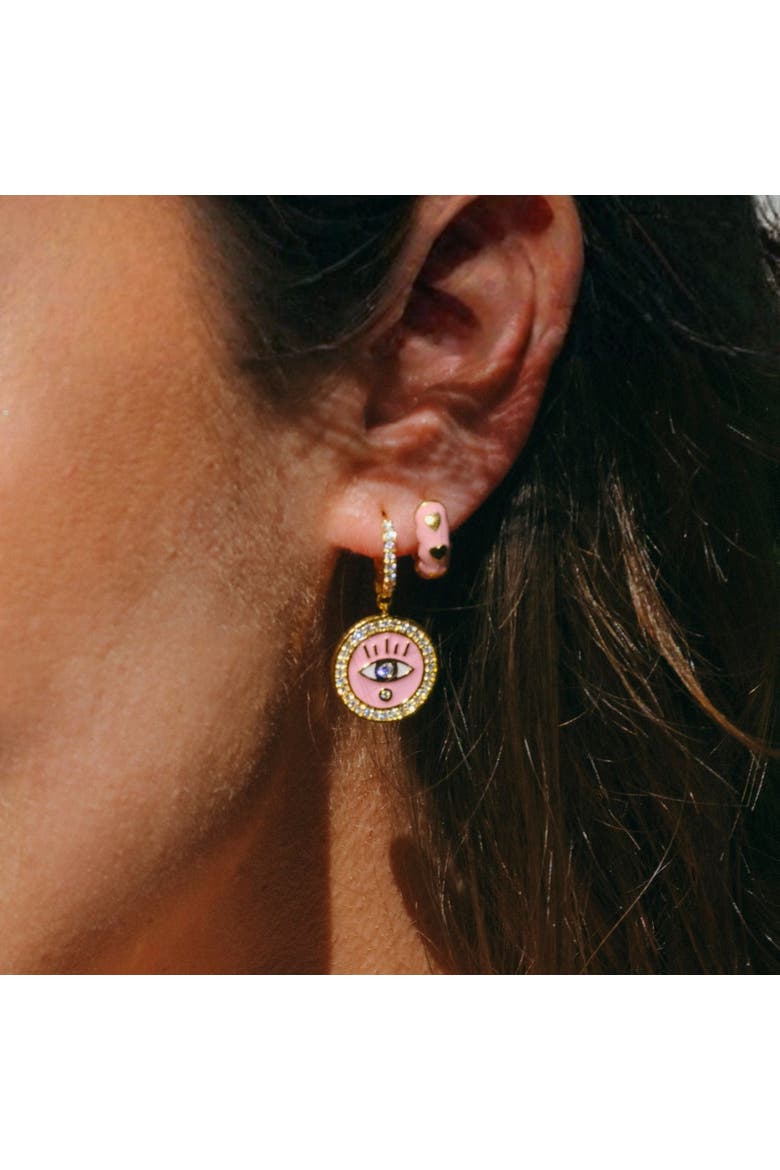 Enameled Evil Eye Huggie Earrings with Diamonds, Alternate, color, Bubblegum Pink