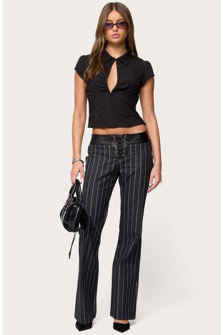 Pinstripe Faux Leather Waist Lace-Up Pants, Alternate, color, DARK-BLUE