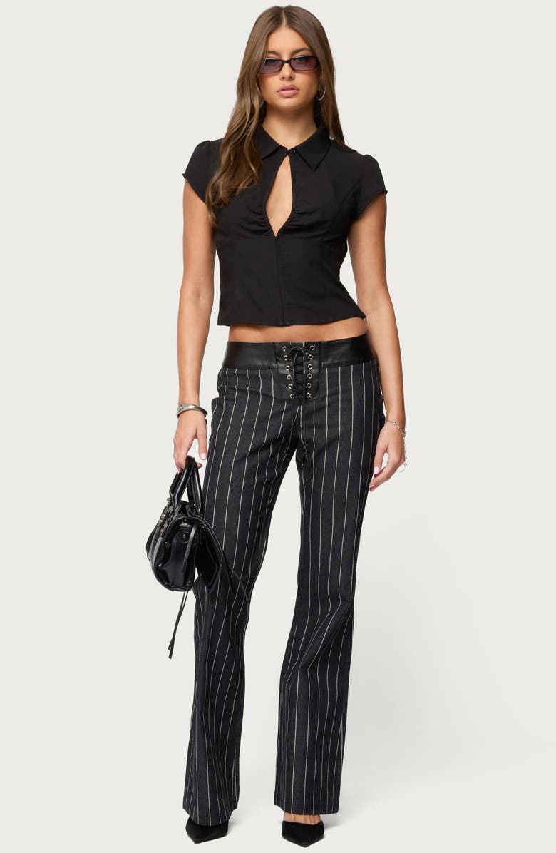 EDIKTED Pinstripe Faux Leather Waist Lace-Up Pants, Alternate, color, 