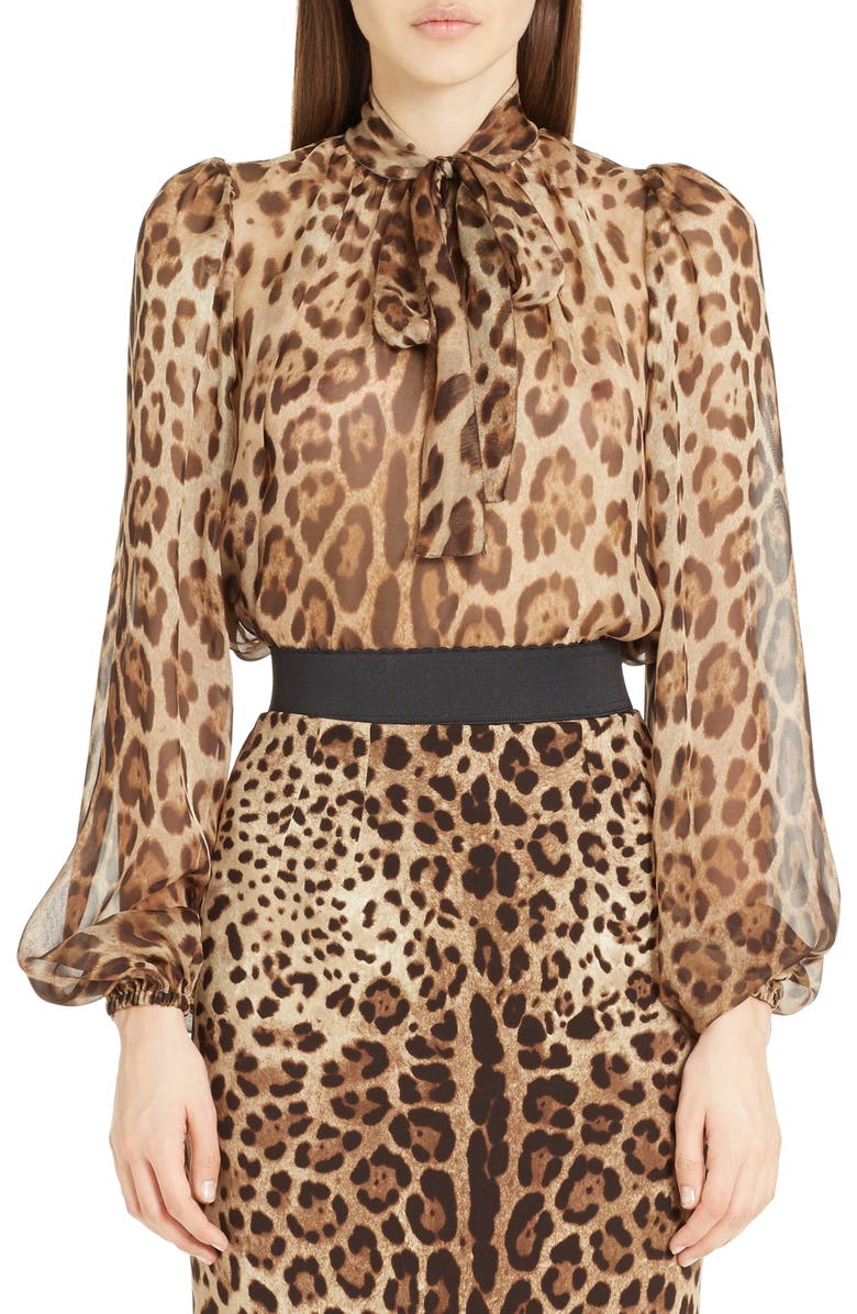 Dolce&Gabbana Leopard Print Silk Tie Neck Blouse, Main, color, 