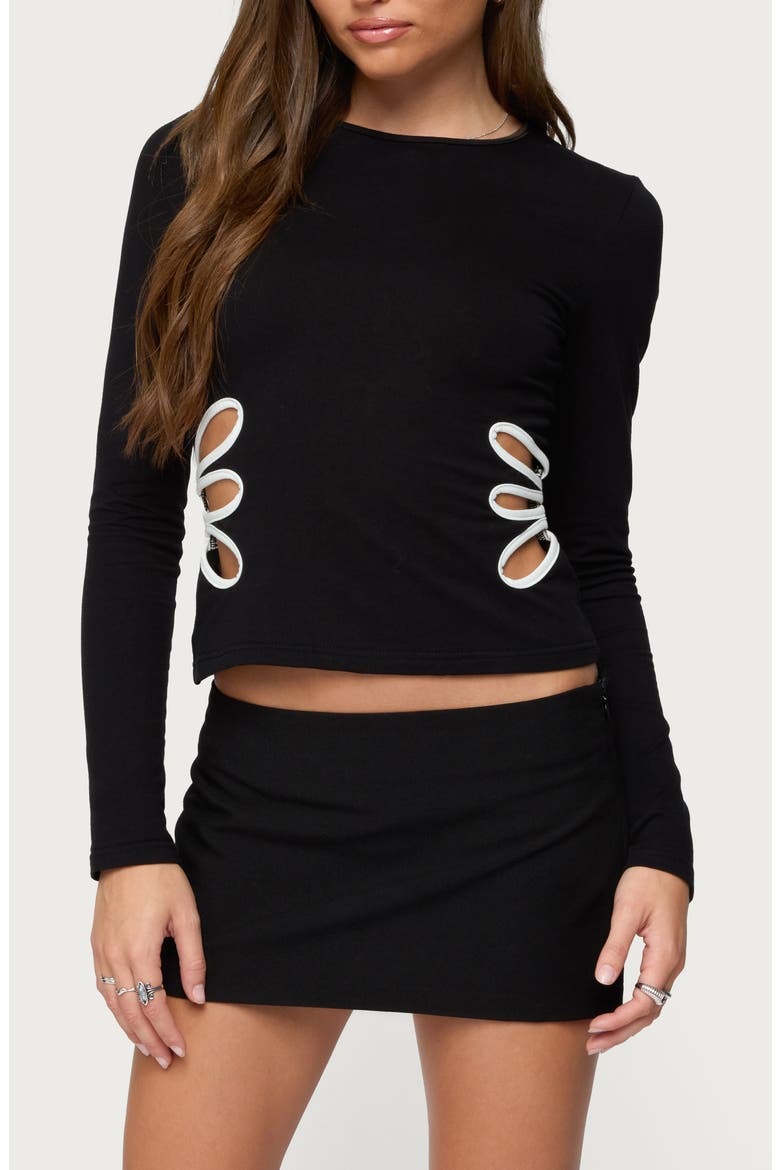 Contrast Cutout Long Sleeve Knit Shirt, Main, color, BLACK