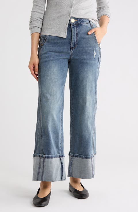 High Waist Cuffed Wide Leg Jeans