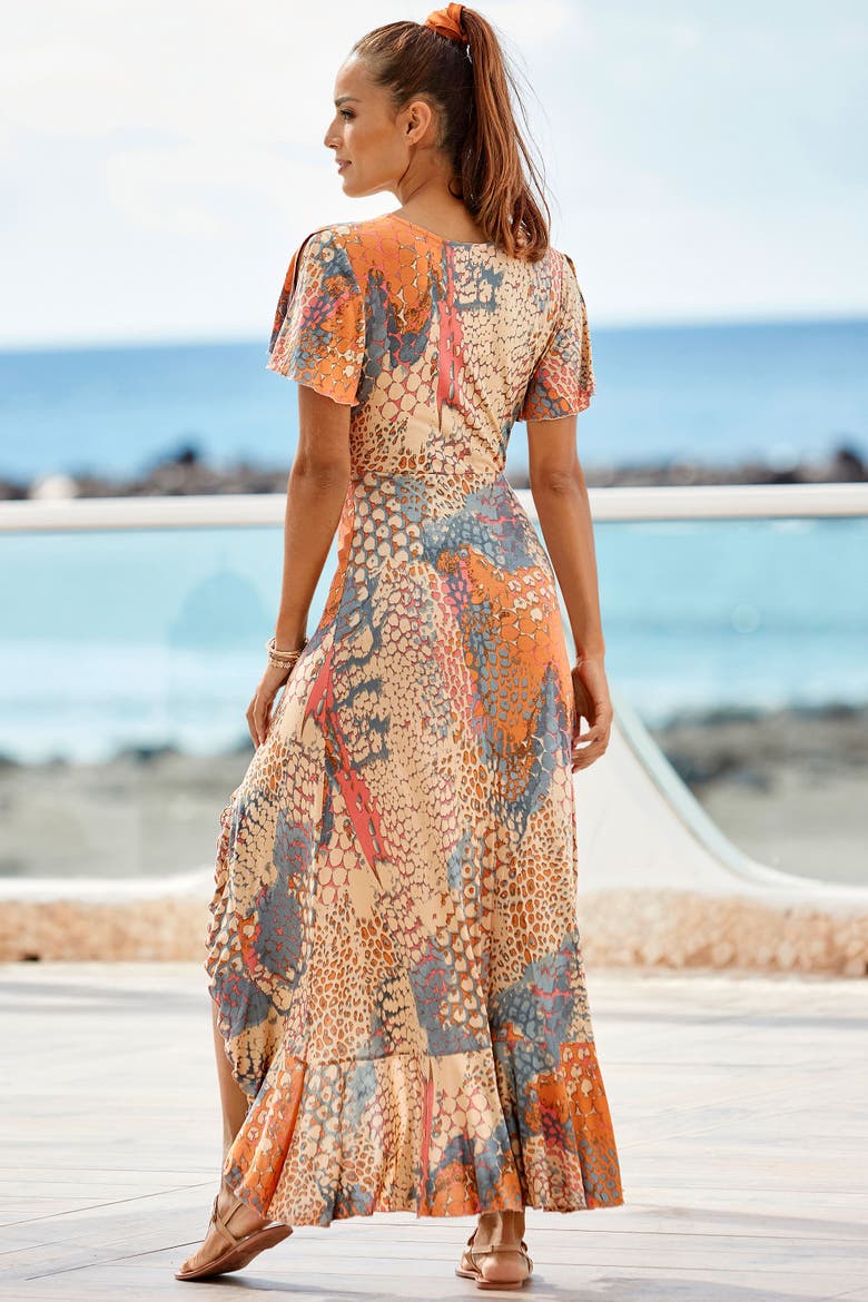 Printed Side Slit Maxi Dress, Alternate, color, Orange Multi