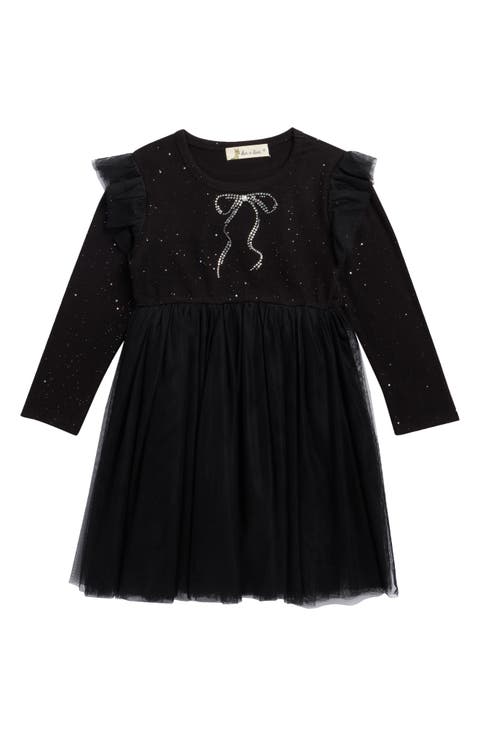 Kids' Bow Crystal Embellished Long Sleeve Tulle Dress (Toddler & Little Kid)