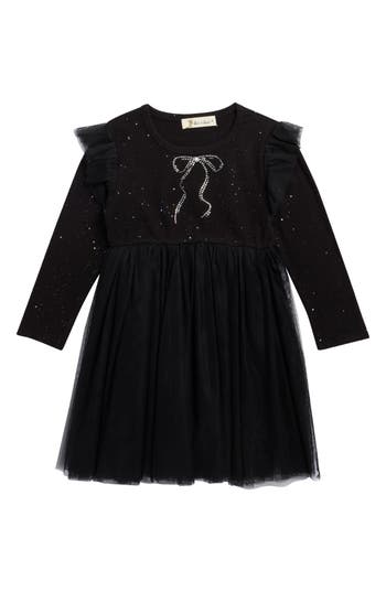 Doe A Dear Kids' Bow Crystal Embellished Long Sleeve Tulle Dress In Black