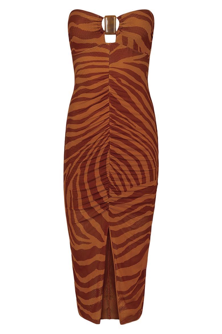 Sundown Suzane Ruched Strapless Mesh Cover-Up Dress, Alternate, color, MULTI BROWN