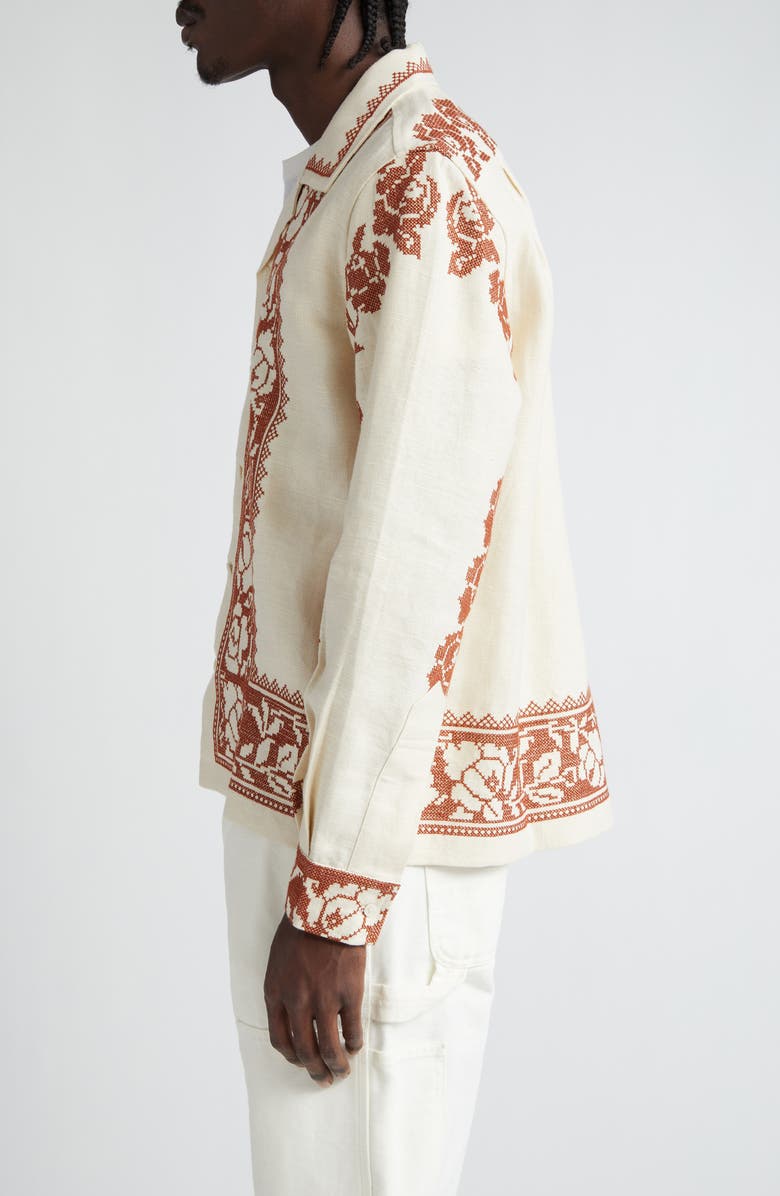 Bode Cross Stitch Rose Garland Linen Camp Shirt, Alternate, color, 