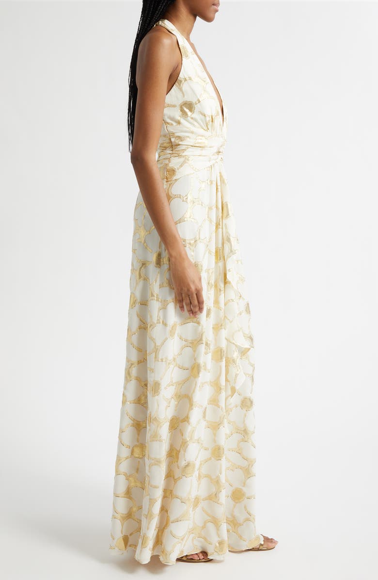 Ramy Brook Stephanie Metallic Daisy Print Halter Gown, Alternate, color, Ivory Jacquard