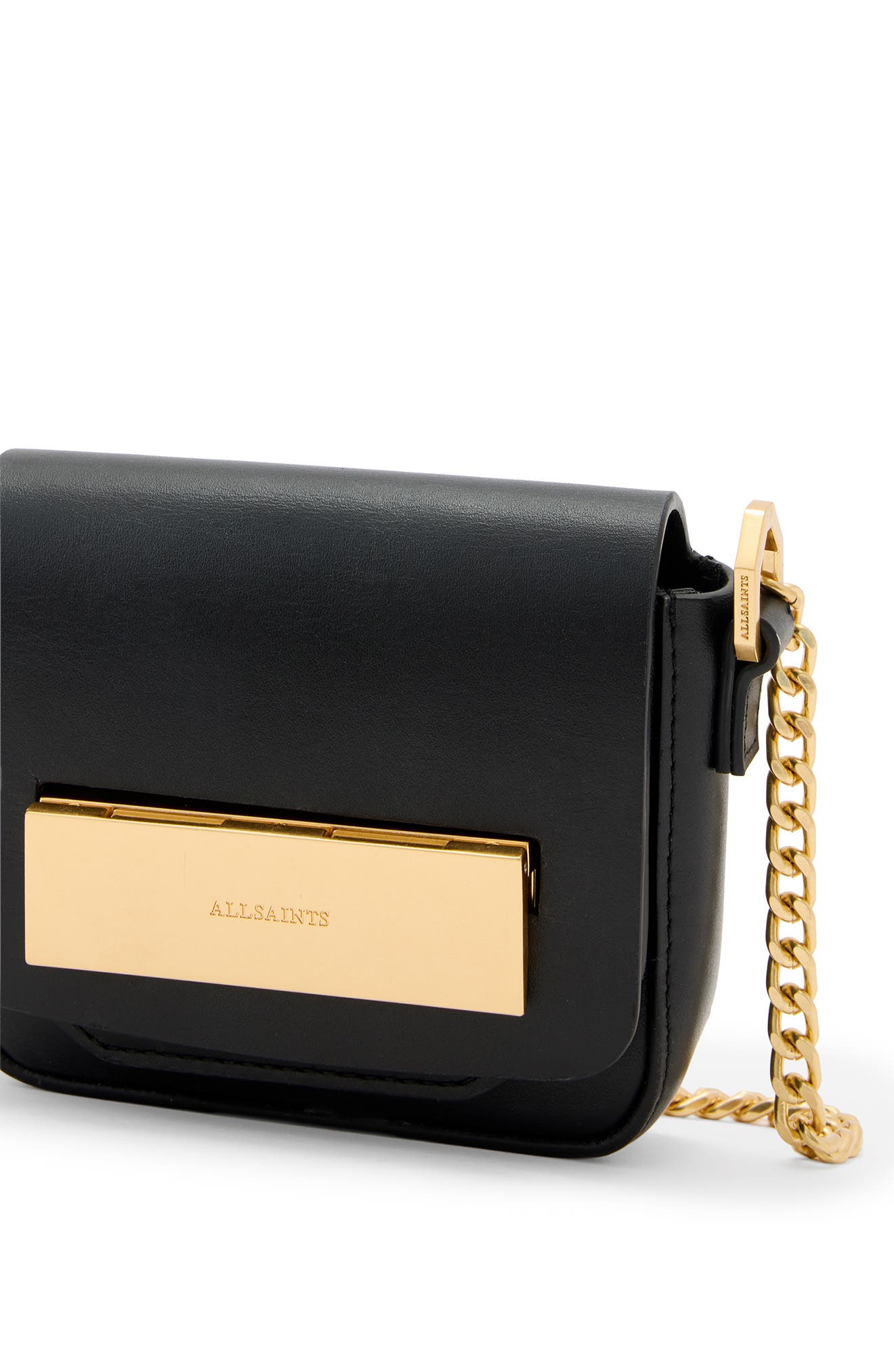 AllSaints Etta Leather Chain Crossbody Bag, Alternate, color, Black
