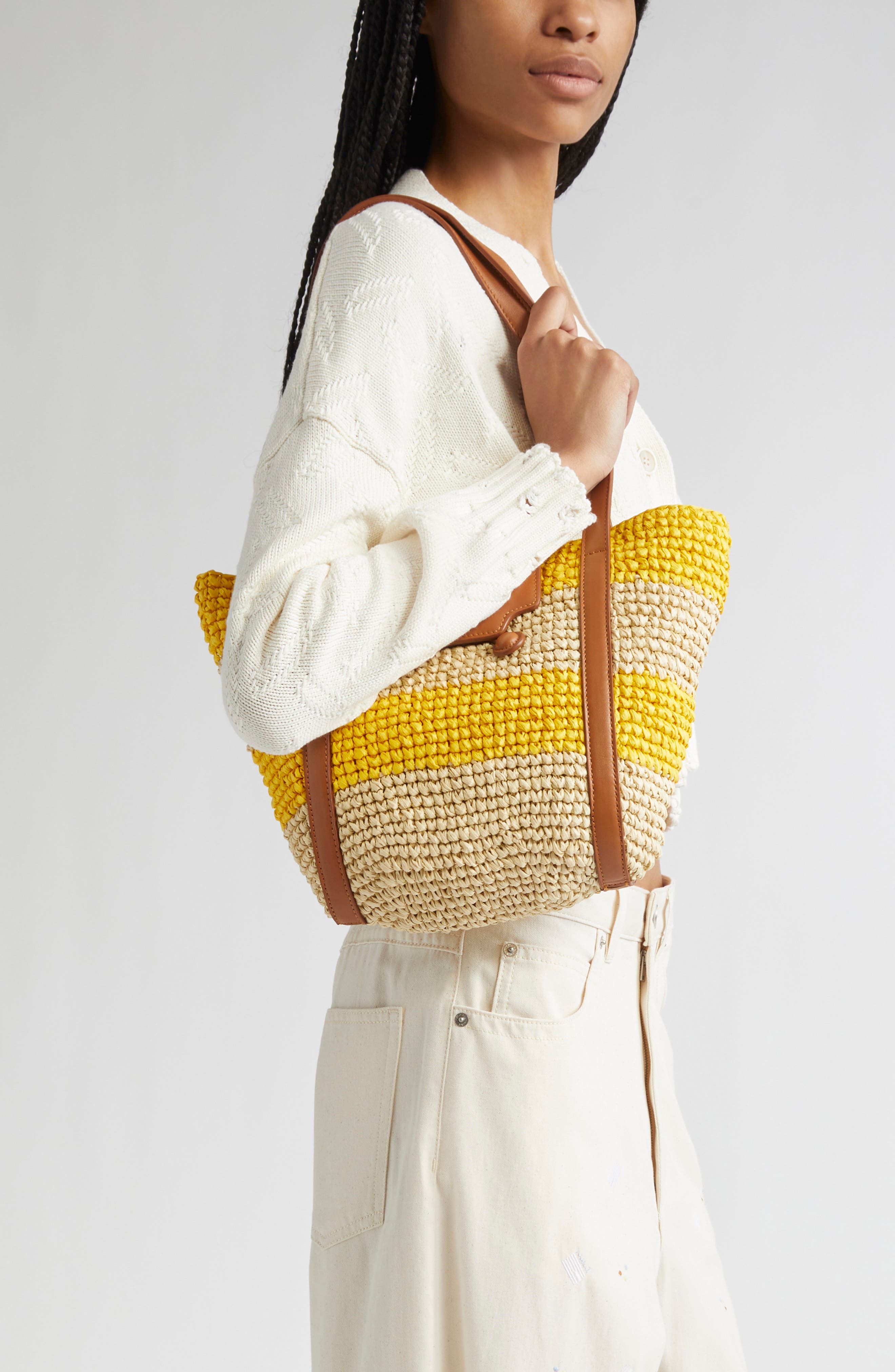 Marni Small Trunkaroo Stripe Woven Tote, Alternate, color, Yellow