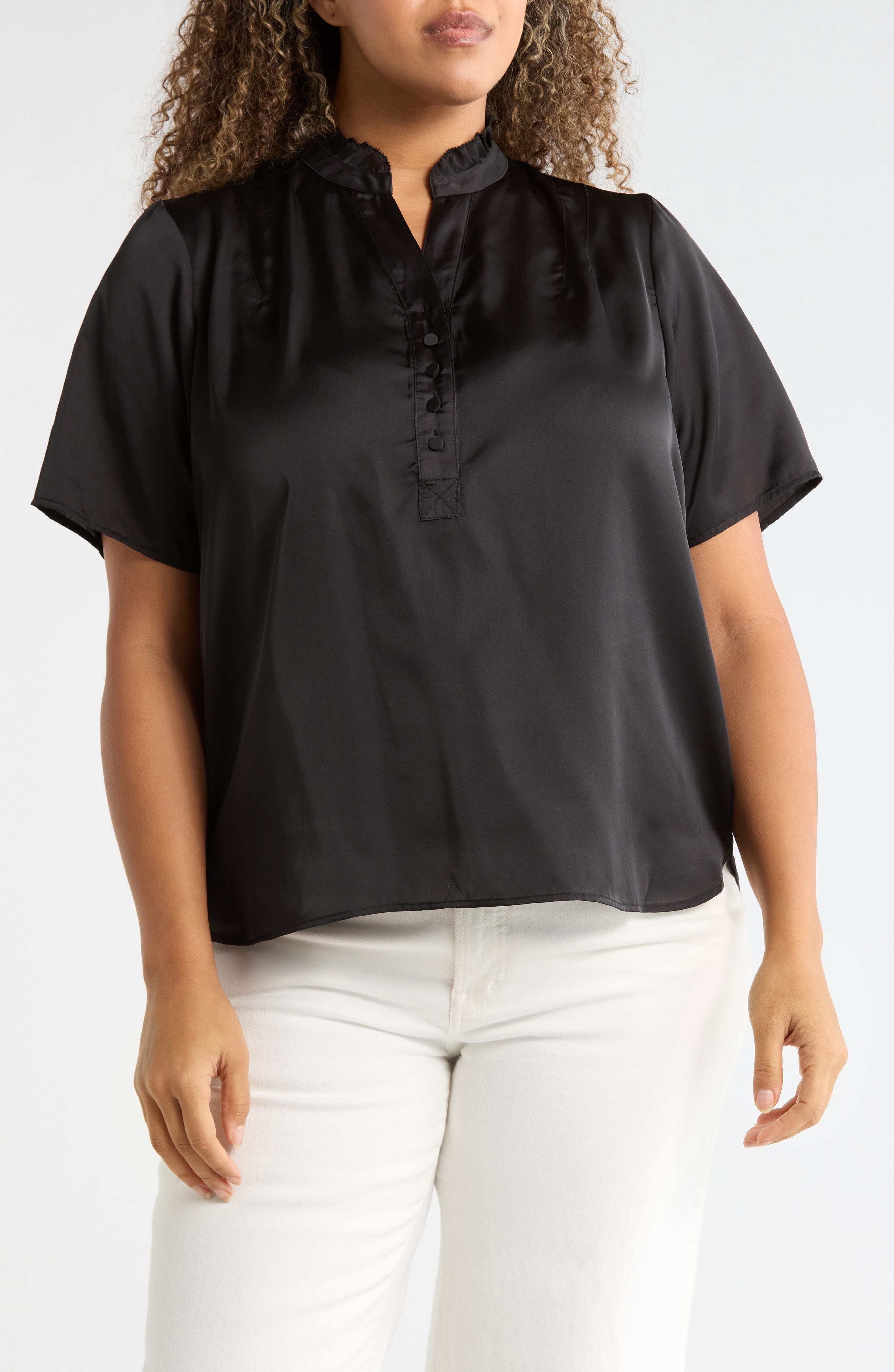 T Tahari Ruffle Split Neck Short Sleeve Top