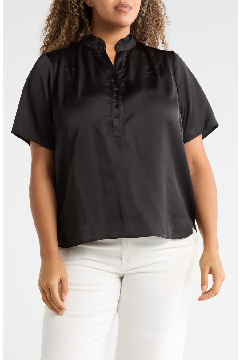 Ruffle Split Neck Short Sleeve Top, Main, color, BLACK