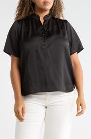 T Tahari Ruffle Split Neck Short Sleeve Top