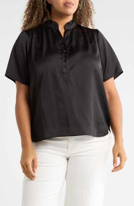 T Tahari Ruffle Split Neck Short Sleeve Top