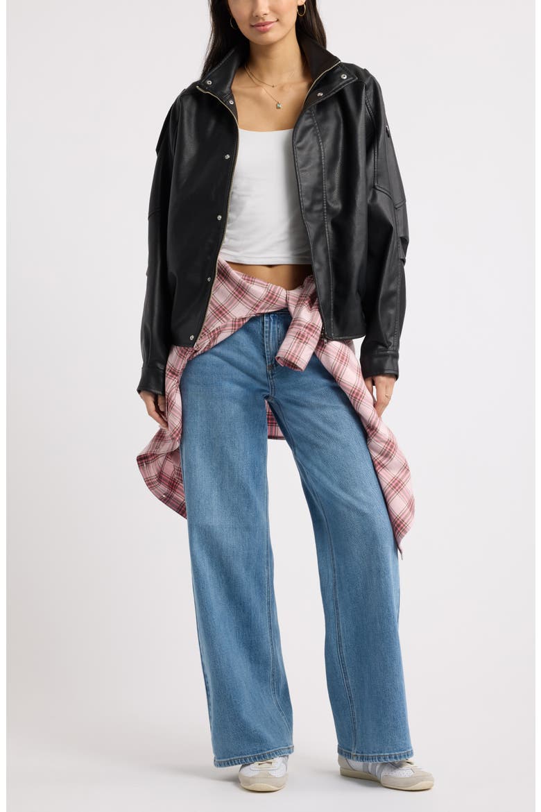 Funnel Neck Faux Leather Jacket, Alternate, color, BLACK