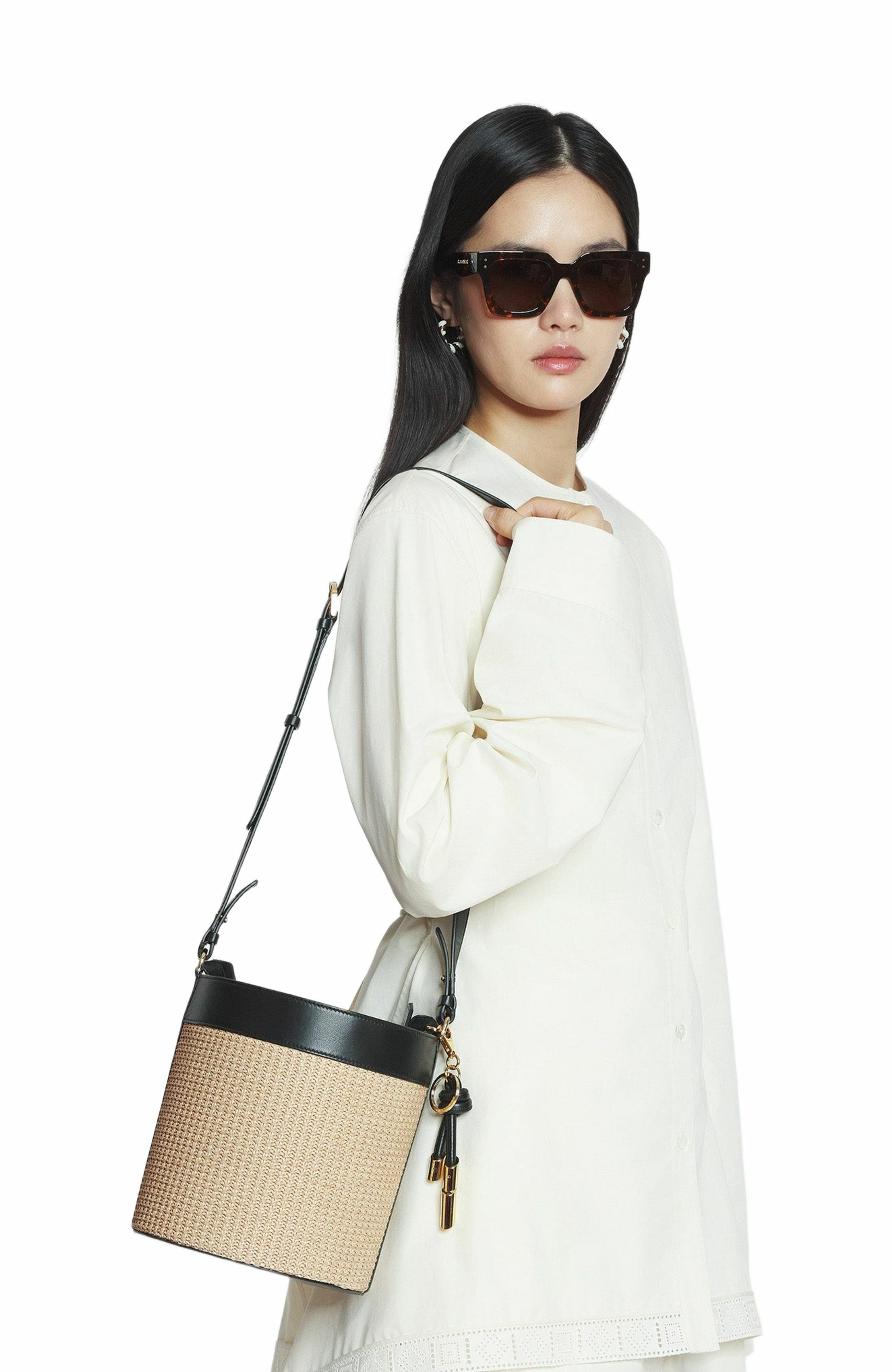 Lanvin Séquence Raffia Bucket Bag, Alternate, color, Natural-Black