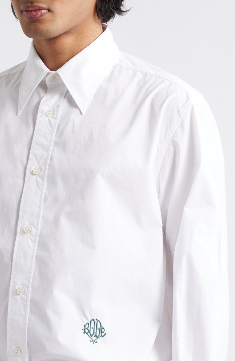 Bode Monogrammed Cotton Poplin Button-Up Shirt, Alternate, color, White