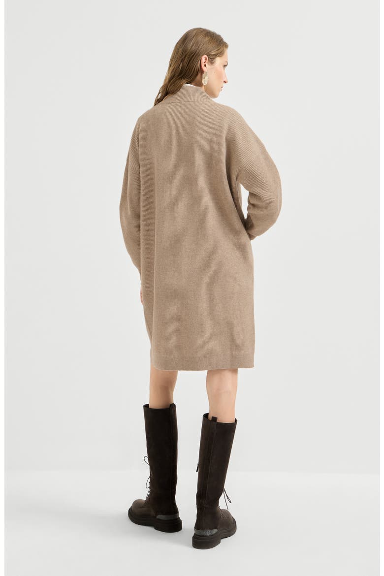 Virgin wool, cashmere and silk rib knit dress with precious half zip, Alternate, color, Beige