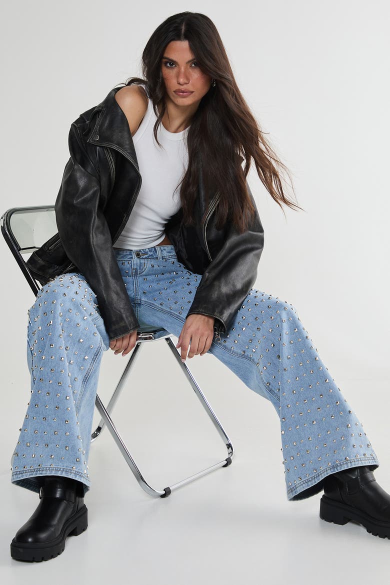 Studded Straight Leg Denim Jeans, Alternate, color, Vintage Wash