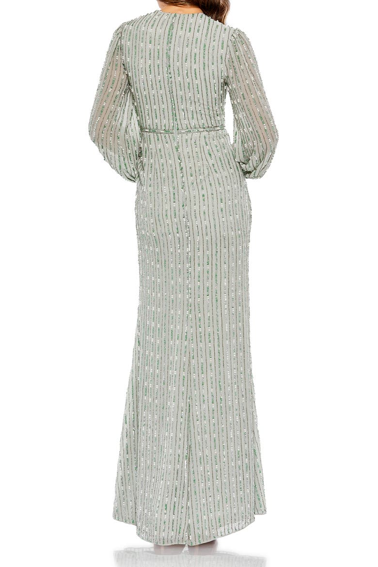 Sequin-Embellished Long Sleeve V-Neck Evening Gown, Alternate, color, Sage