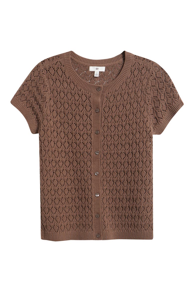 Pointelle Short Sleeve Cardigan, Alternate, color, BROWN QUARTZ