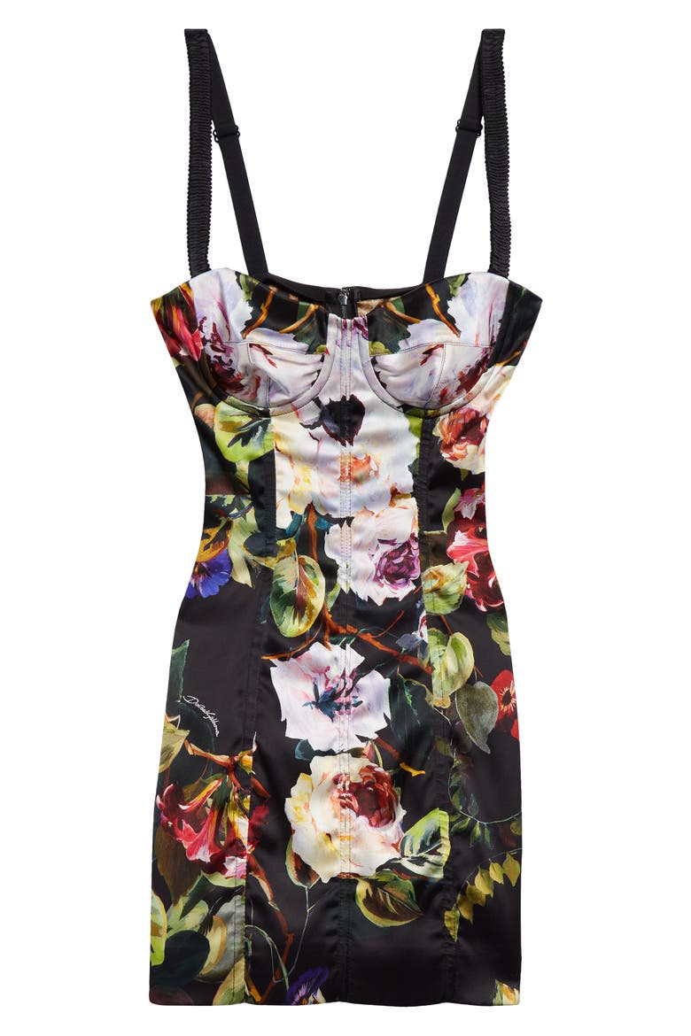 Rose Garden Print Satin Corset Mini Dress, Alternate, color, NERO