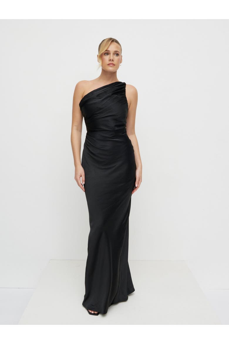 Juliet Ruched Maxi Bridesmaid Dress, Main, color, Black