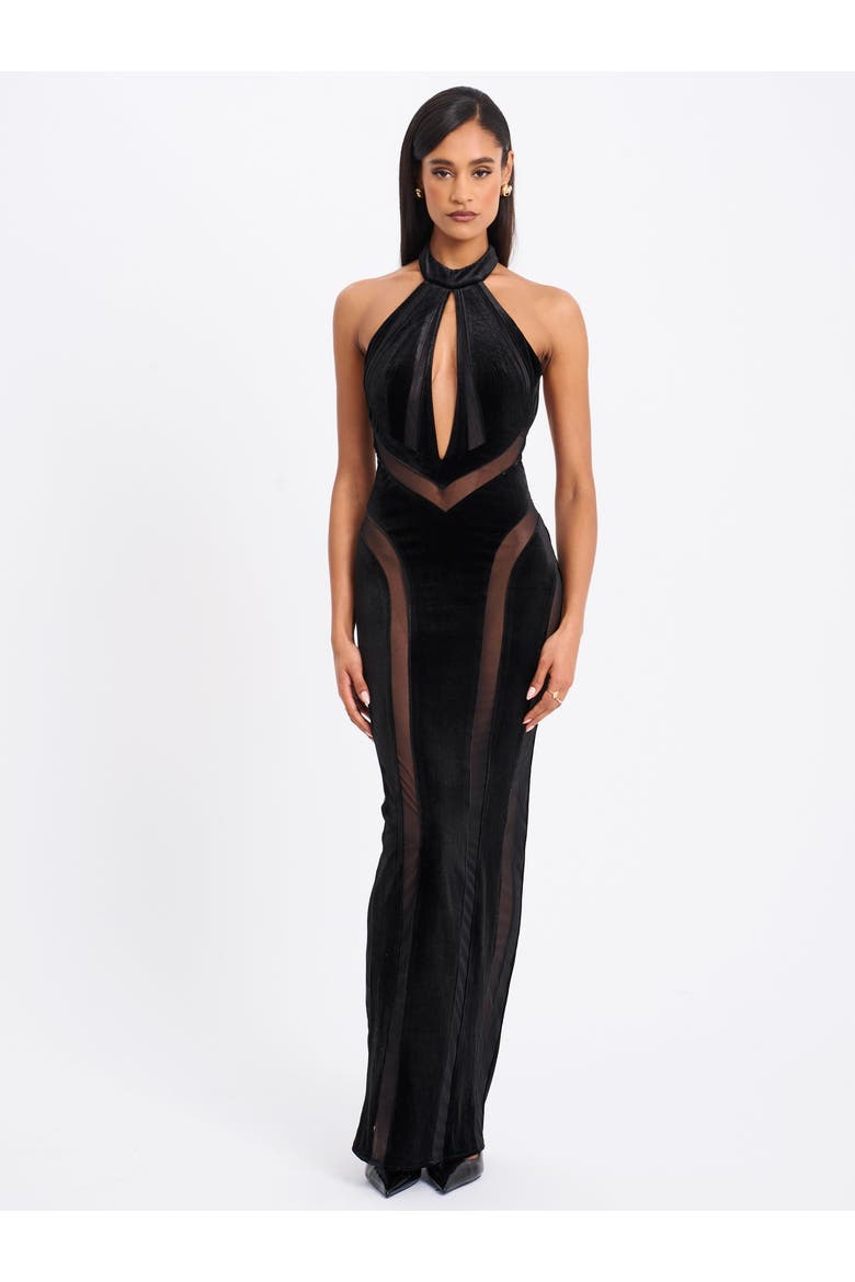 Paityn Velvet Mesh Cutout Halter Gown, Alternate, color, Black