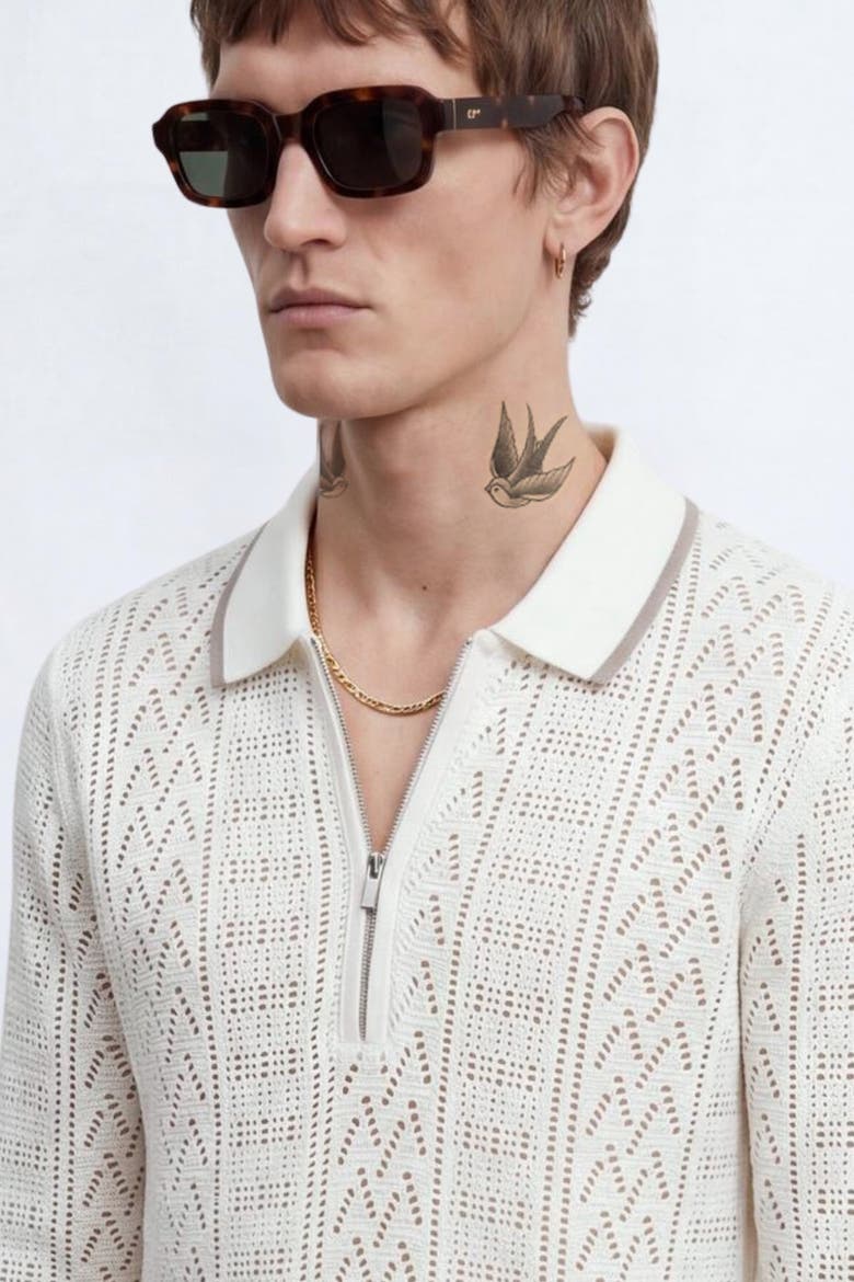 Oscar Tipped Crochet Cotton Polo Shirt, Alternate, color, Cream