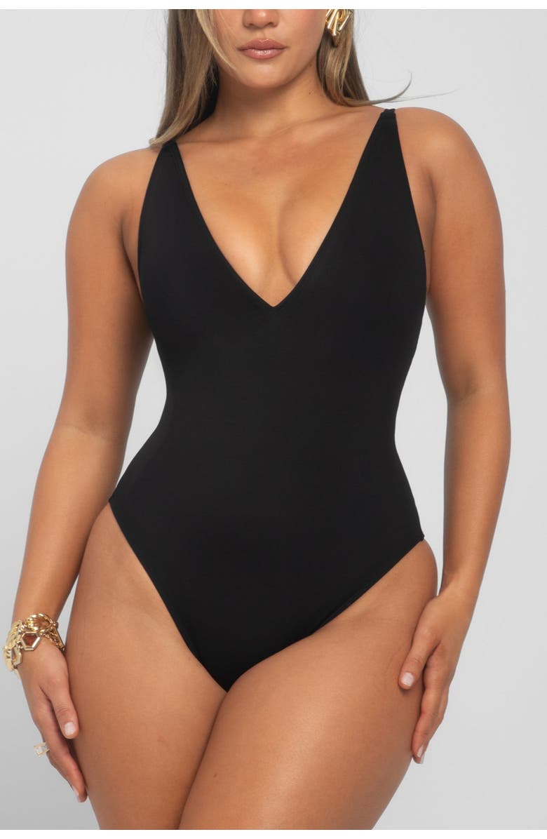 TA3 Mega Sculpting Plunge Brazilian Cut One-Piece Swimsuit, Main, color, Black