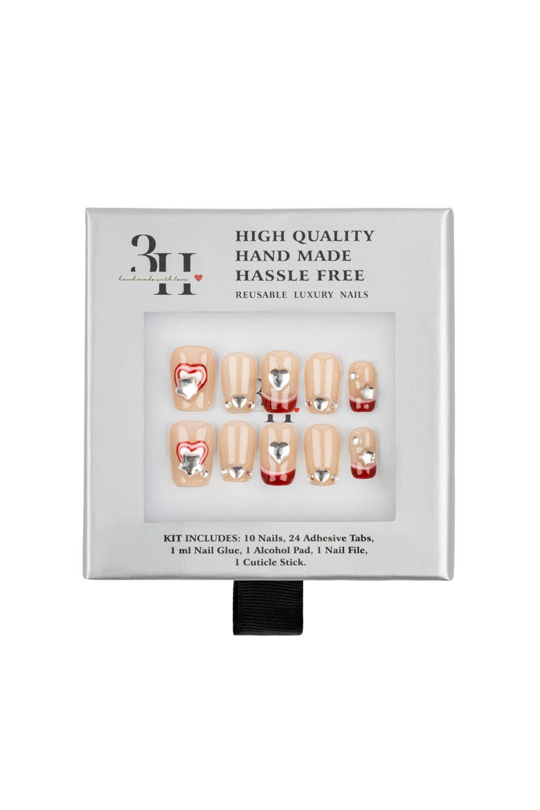 3H Luxury Hand made press on nails-Ruby Bow Charm, Main, color, Beige/Red