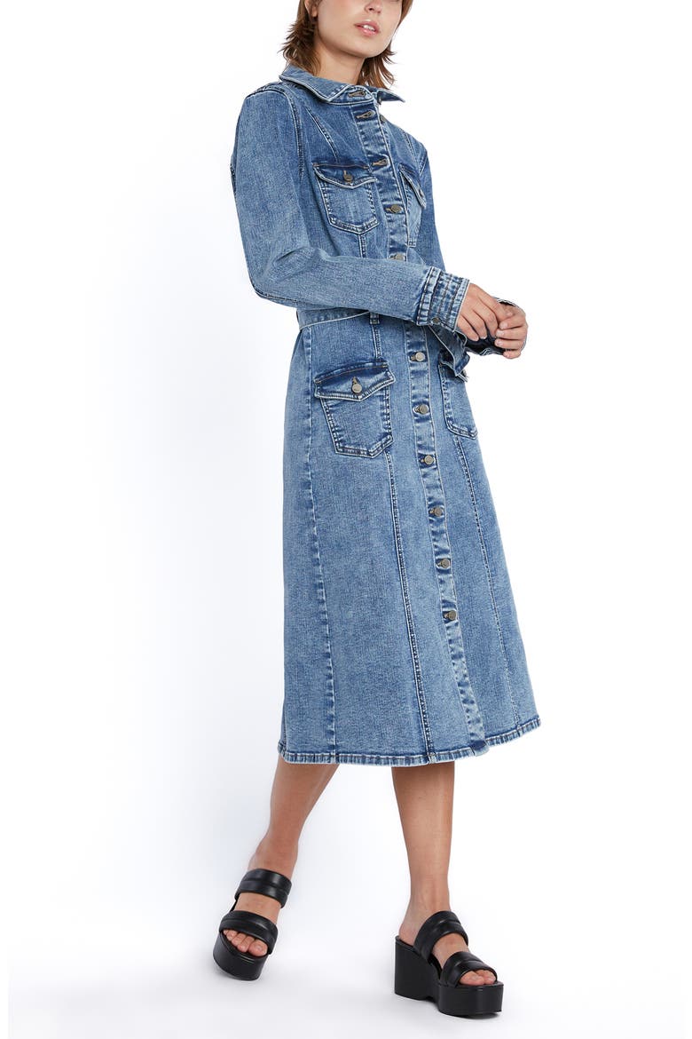 Tie Waist Long Sleeve Cargo Denim Midi Shirtdress, Alternate, color, PEACE BLUE
