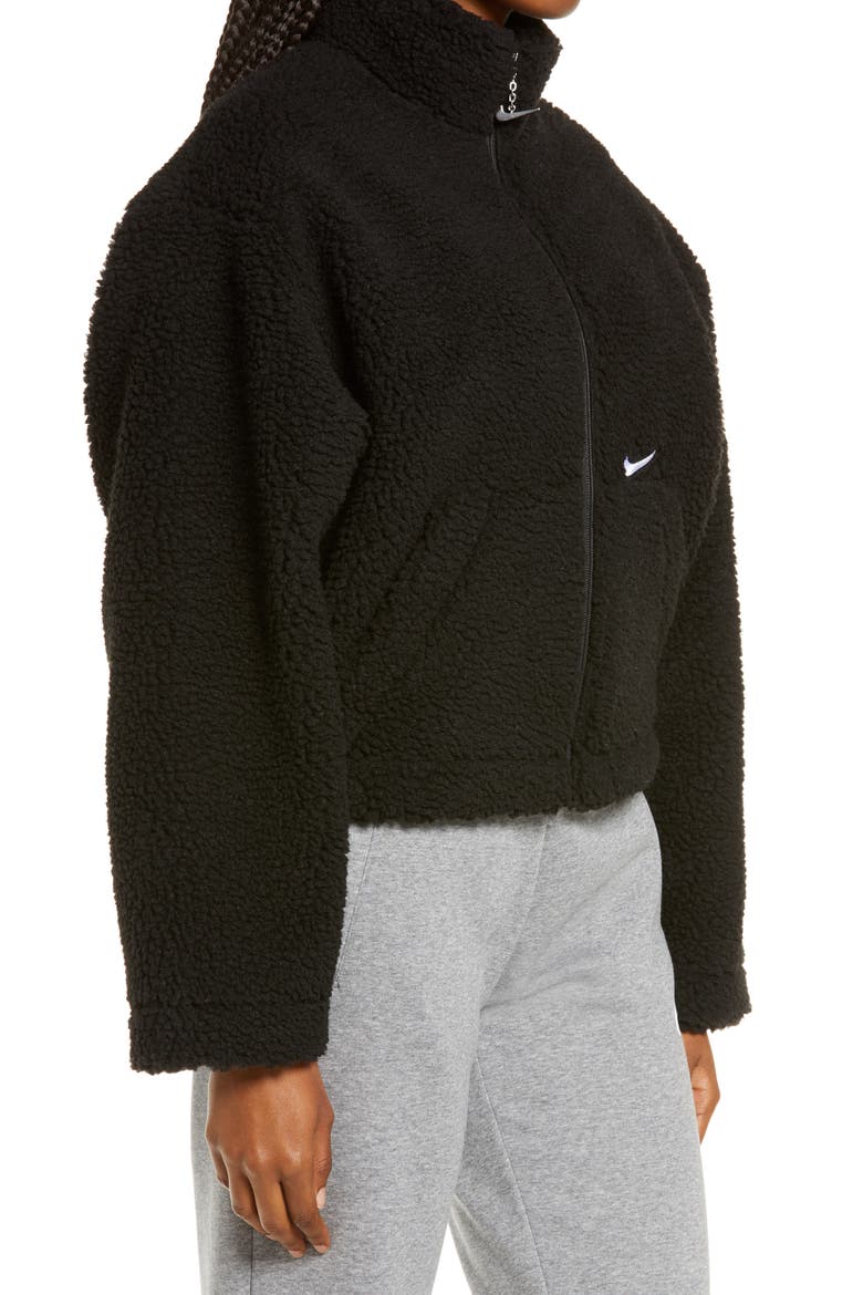 Swoosh Faux Fur Jacket, Alternate, color, BLACK/ WHITE