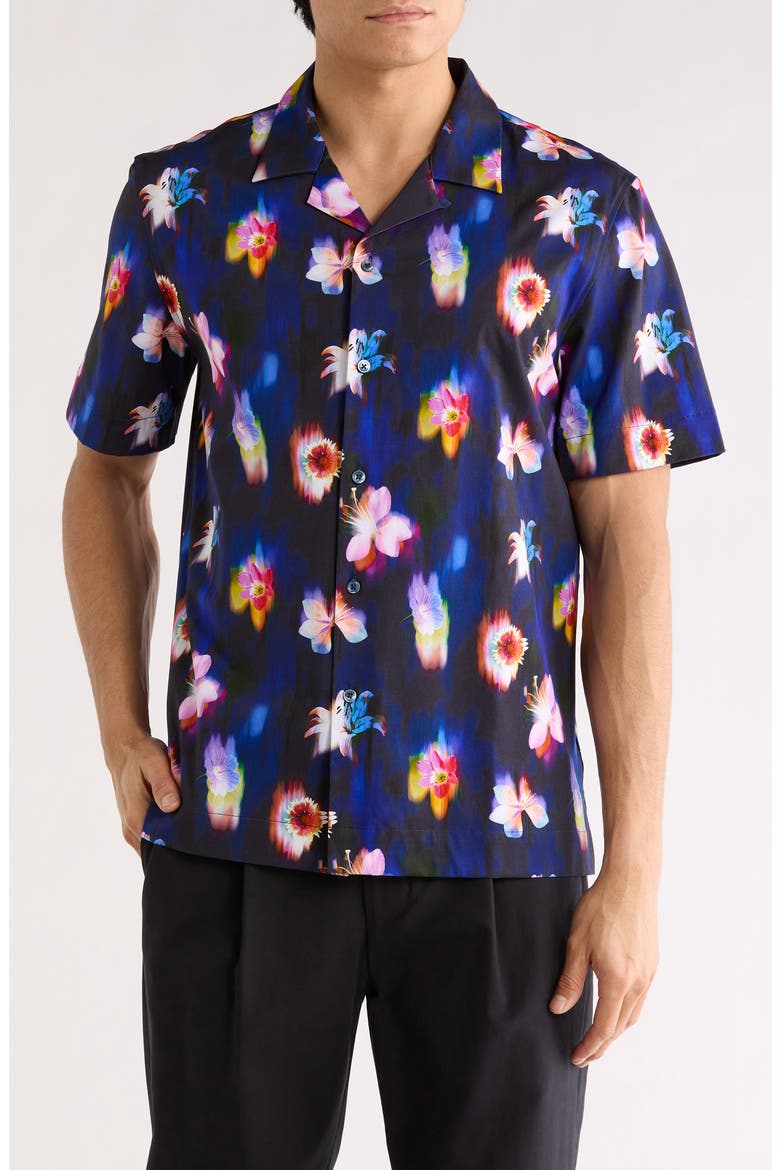 Cole OoohCotton® Woven Print Short Sleeve Button-Up Shirt, Main, color, NIGHT BLUE