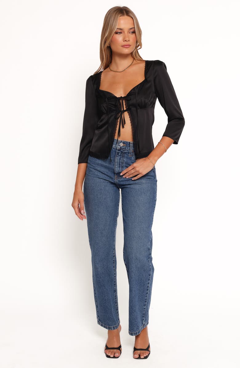 Petal & Pup Cadey Split Front Lace Trim Satin Top, Alternate, color, Black