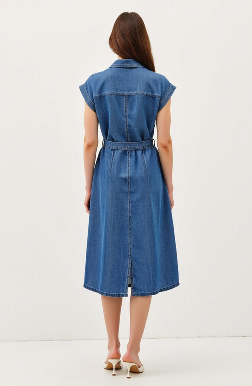 Modenaire Sleeveless Denim Midi Shirt Dress With Button Front And Tie Waist In Blue