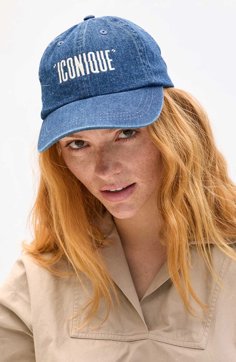 Clare V. Iconique Embroidered Denim Baseball Cap, Alternate, color, Navy W/ Cream