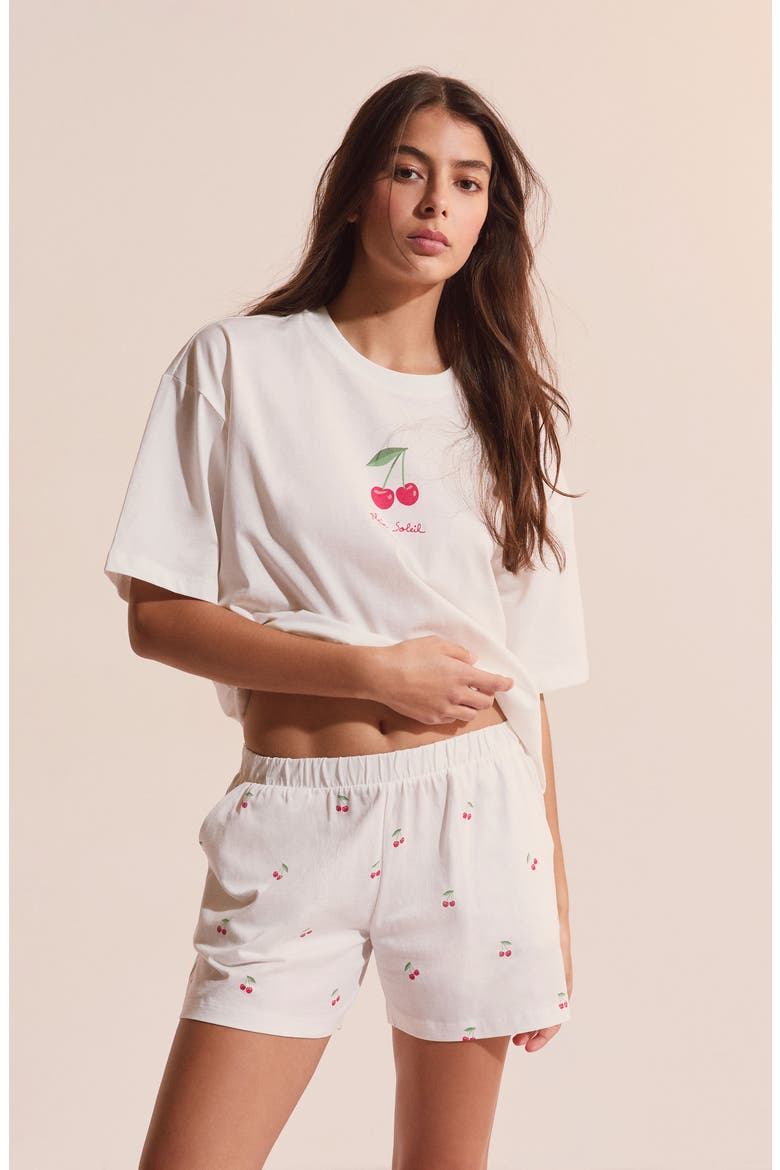 Berry Cherry Print Cotton Sleep Shorts, Alternate, color, ECRU