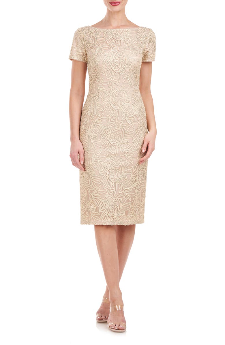 JS Collections Scarlet Beaded Leaf Print Cocktail Dress, Main, color,