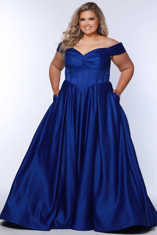 Sydney's Closet Sweetheart Neckline Off The Shoulder Plus Size A-line Gown In Cobalt