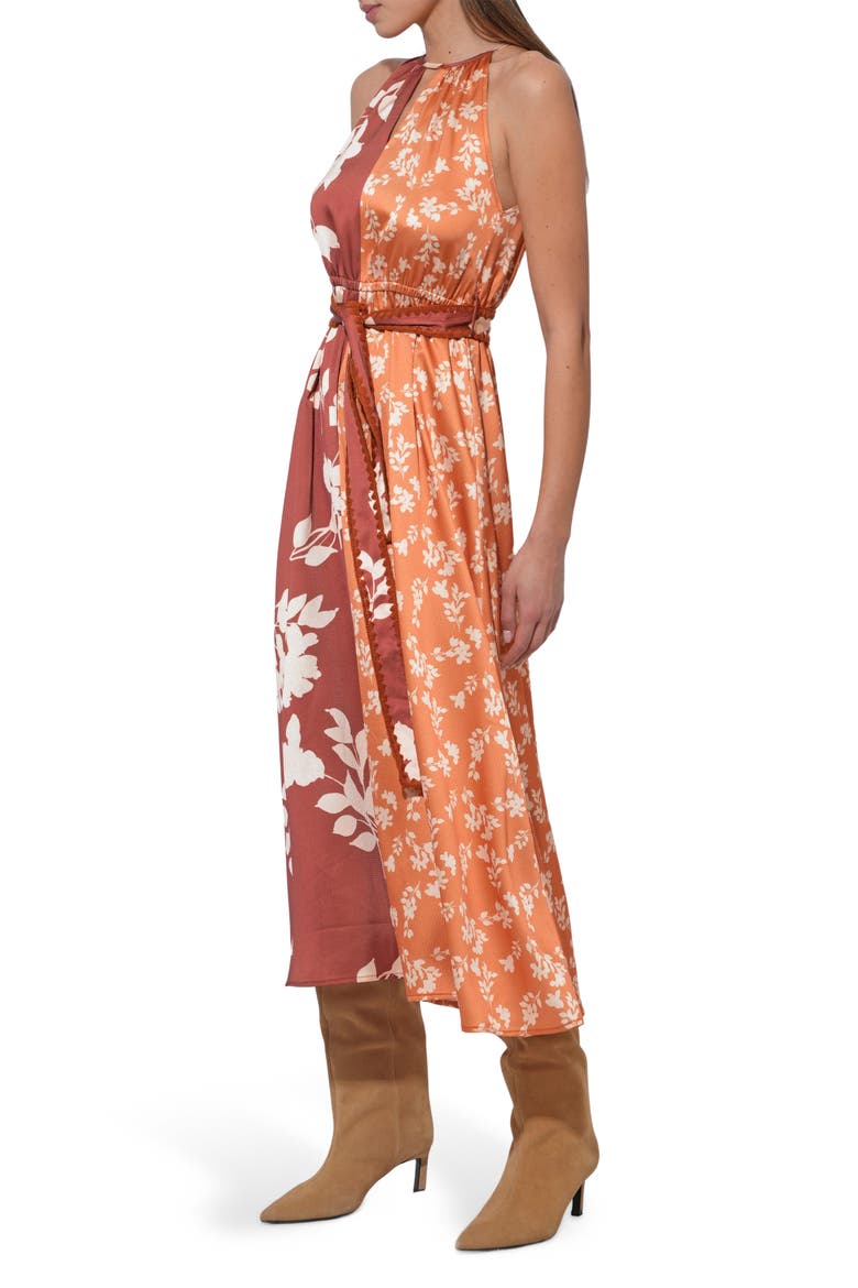 Sandi Two-Tone Mixed Floral Print Satin Dress, Alternate, color, MARIGOLD/ BROWN