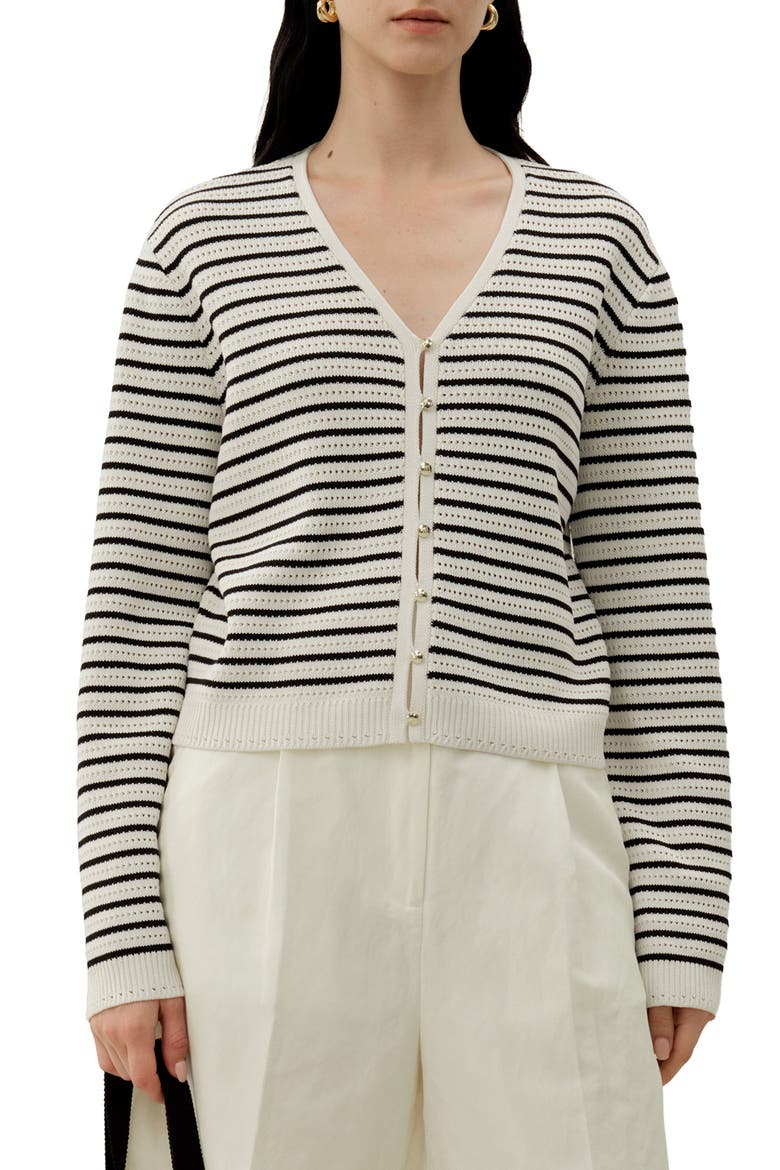 Women's Toscana Striped Pointelle Cardigan, Main, color, White With Black Stripes