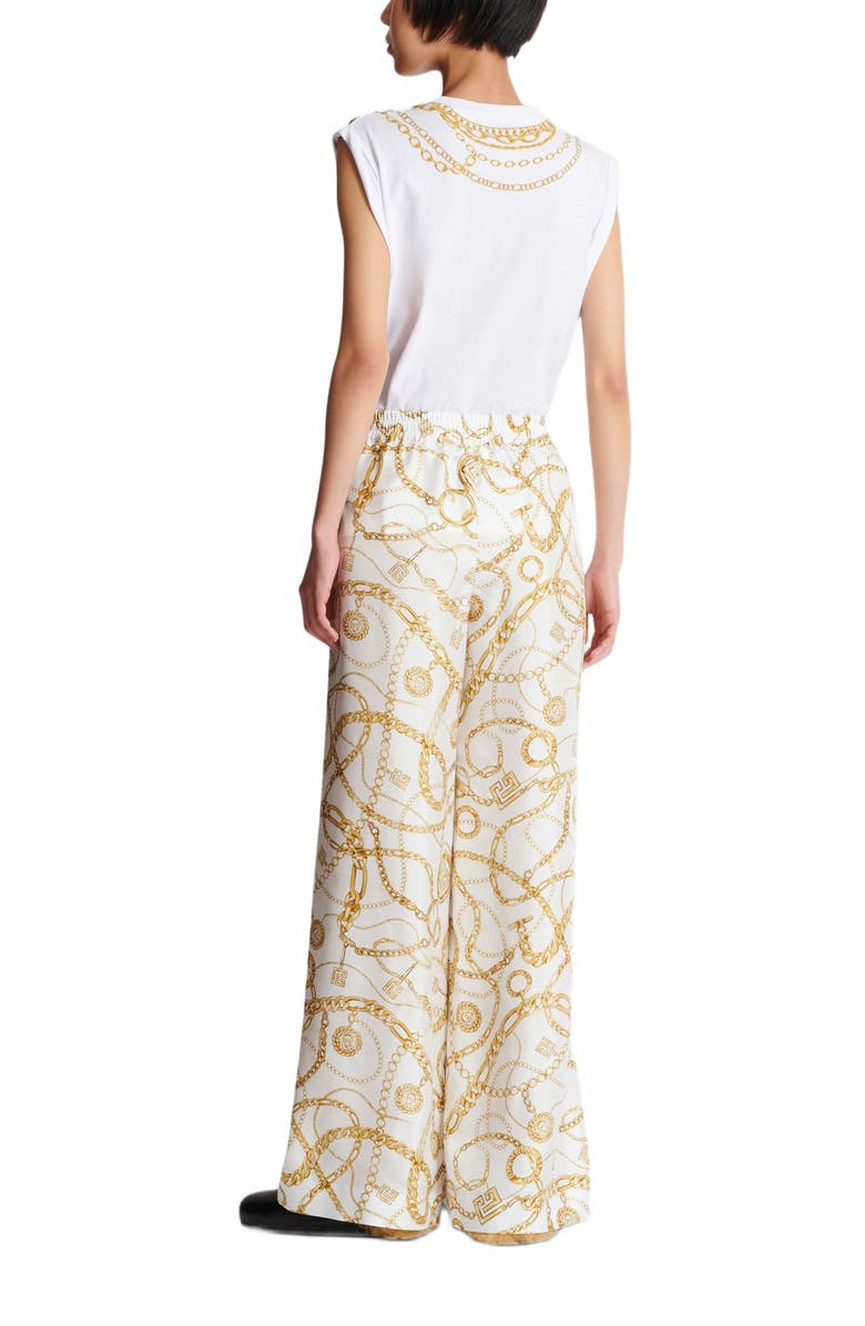Balmain Flowing Printed Silk Trousers With Balmain Chains Pattern, Alternate, color, Gold