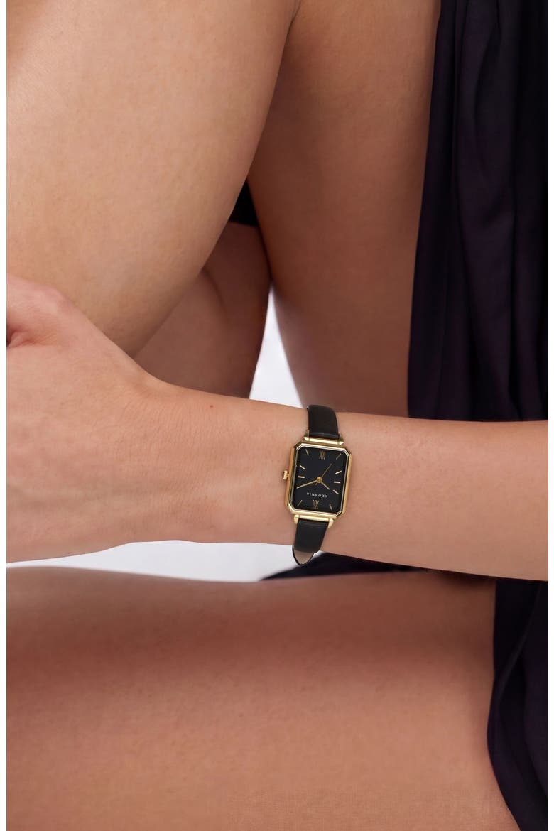 Geneva Faux Leather Strap Watch, 27mm x 20mm, Alternate, color, BLACK/GOLD