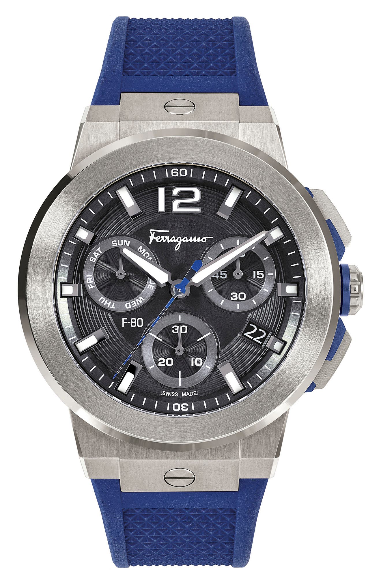 FERRAGAMO F-80 Titanium Tech Chronograph Silicone Strap Watch, 44mm