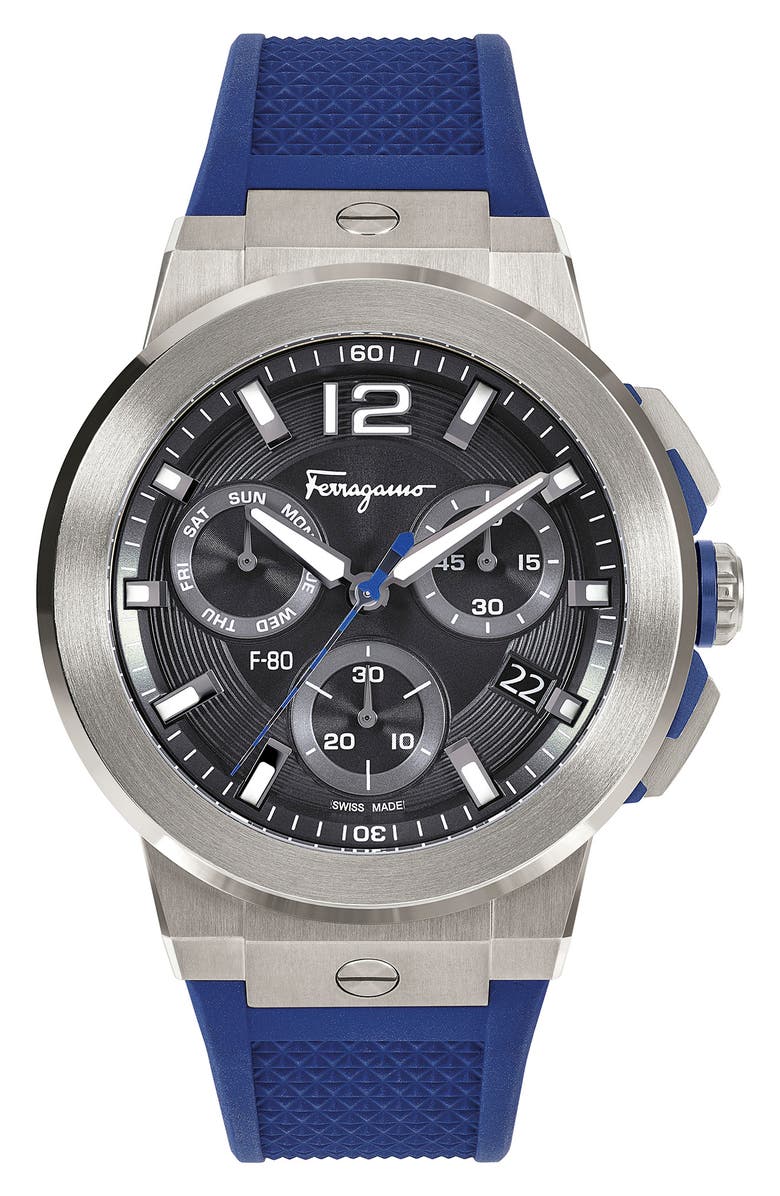 FERRAGAMO F-80 Titanium Tech Chronograph Silicone Strap Watch, 44mm, Main, color, Titanium