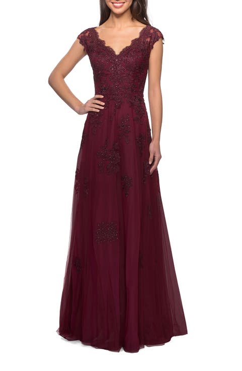 Short Sleeve Lace Gown with Cascading Embellishments
